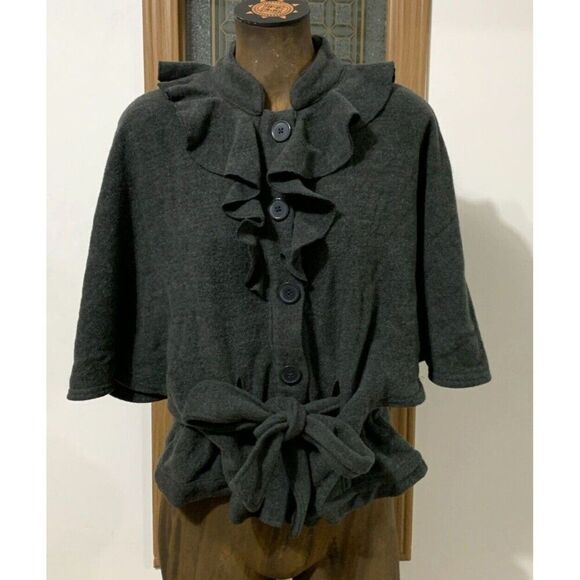 Gap Cape Cardigan Jacket Wool Blend Buttons Tie Batwing Size Medium Gray - Picture 1 of 8
